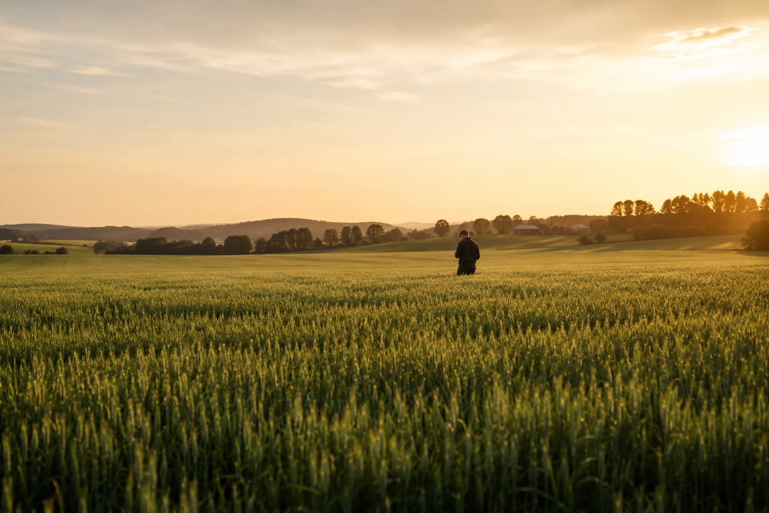 Person i åker ved solnedgang med skog- og landbrukslandskap i bakgrunnen